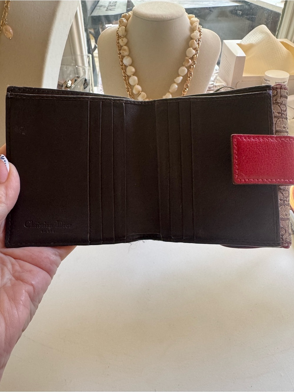 Dior Brown Monogram Canvas Tri fold Wallet with Red Trim and Green-Yellow Accent - Picture 5 of 13